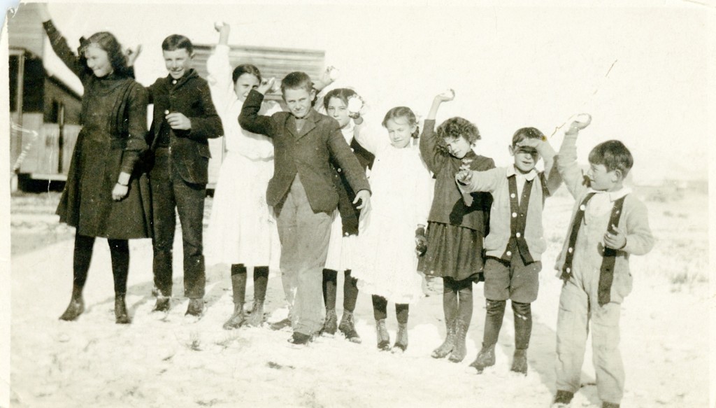 Amedee School Children on the first day of the Big Snow, Tuesday, January 11, 1911. Left to Right: Thelma James, Tom Lally, Minnie Meeske, Fred Meeske, Rita Martin, Sadie Meeske, Norma Jeanne James, Frank Martin and Gregory Martin. Courtesy of Marie Herring Gould