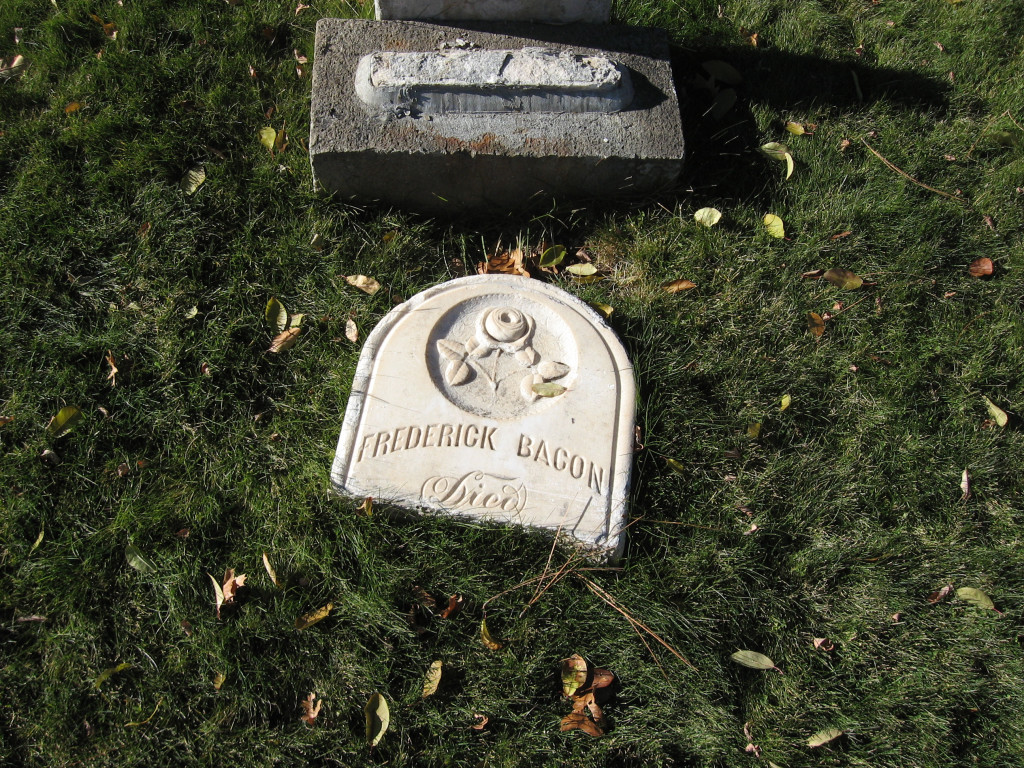 The vandalized headstone of Frederick Bacon, father of W.t. Bacon, Susanville Cemetery. November 21, 2015