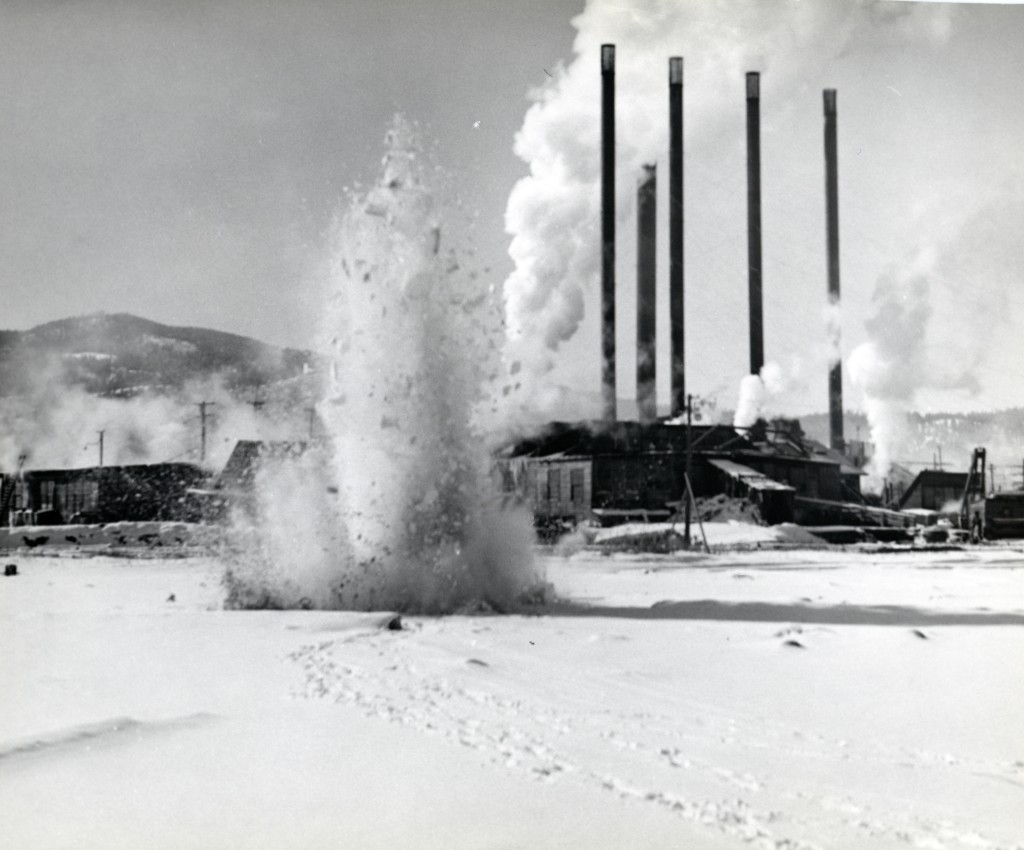 Dynamiting the Westwood millpond, January 27, 1949. Courtesy of Fruit Growers Supply Company