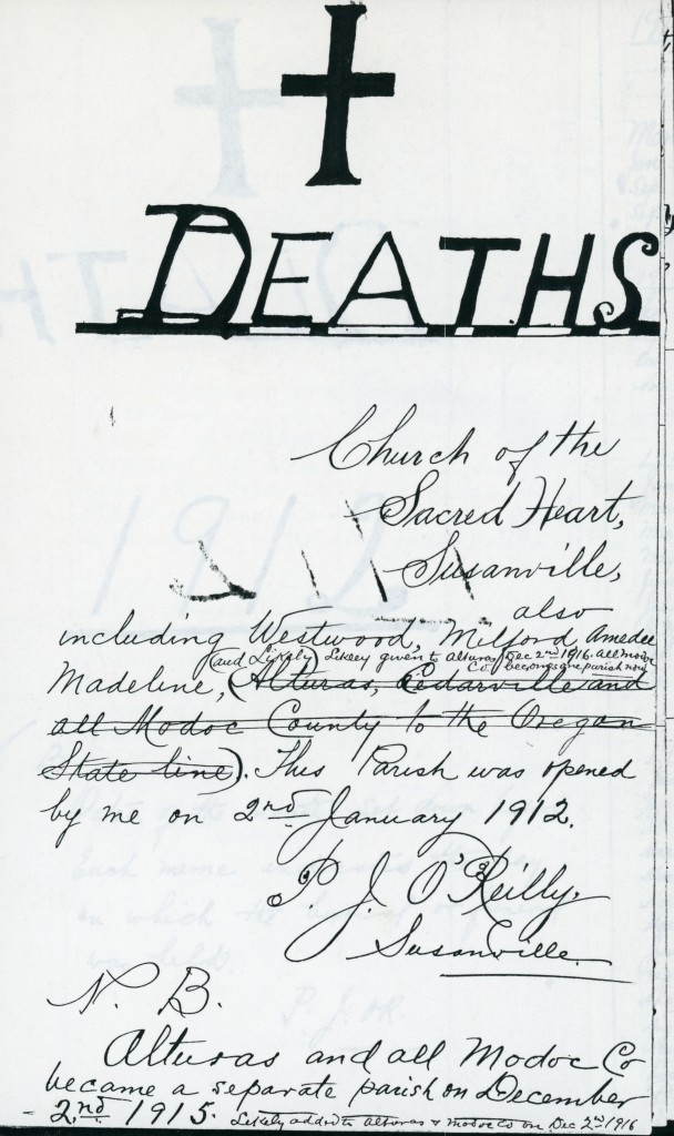 Parish Register front page with writings by Father P.J. O'Rielly