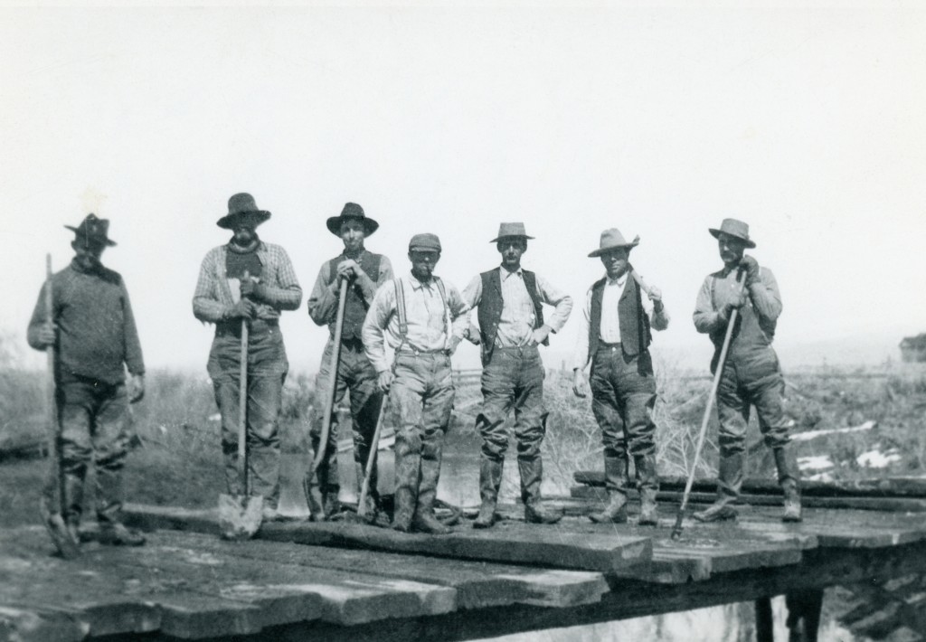 The annual chore of cleaning the slough. Left to Right: George Hartson, Curtis Winslow, Colin Whitehead, Mr. Zumwalt, Will Hartson, John Theodore, Will Spoon. Courtesy of John H. Theodore