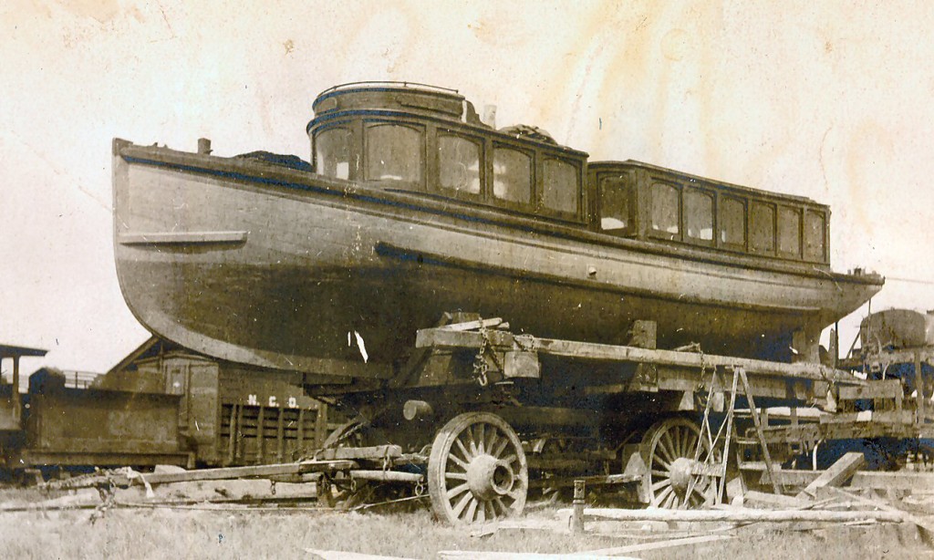 Lassen Mill & Lumber Company's tugboat at Amedee, just before launching on Honey Lake, 1907. Courtesy of Marie Herring Gould