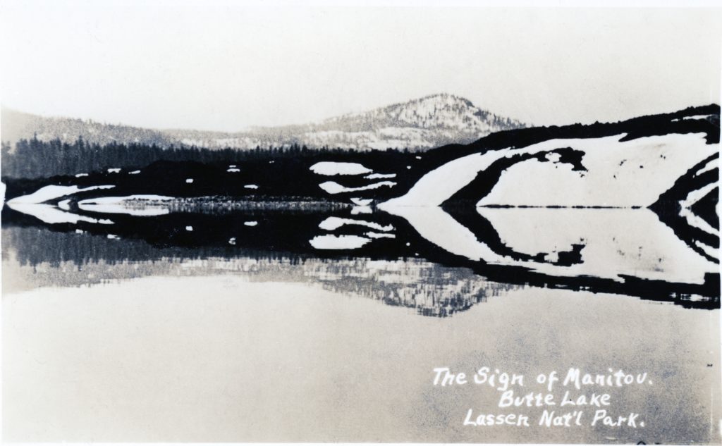 Butte Lake, circa 1920. Roy Sifford, of Drakesbad fame wrote: "The sign of the Manitou which means the sign of God. The shadows in the water made a long arrows which the Indians thought that was a sign of the Great Spirit (Manitou) or God gave them. Courtesy of the Sifford Collection. 
